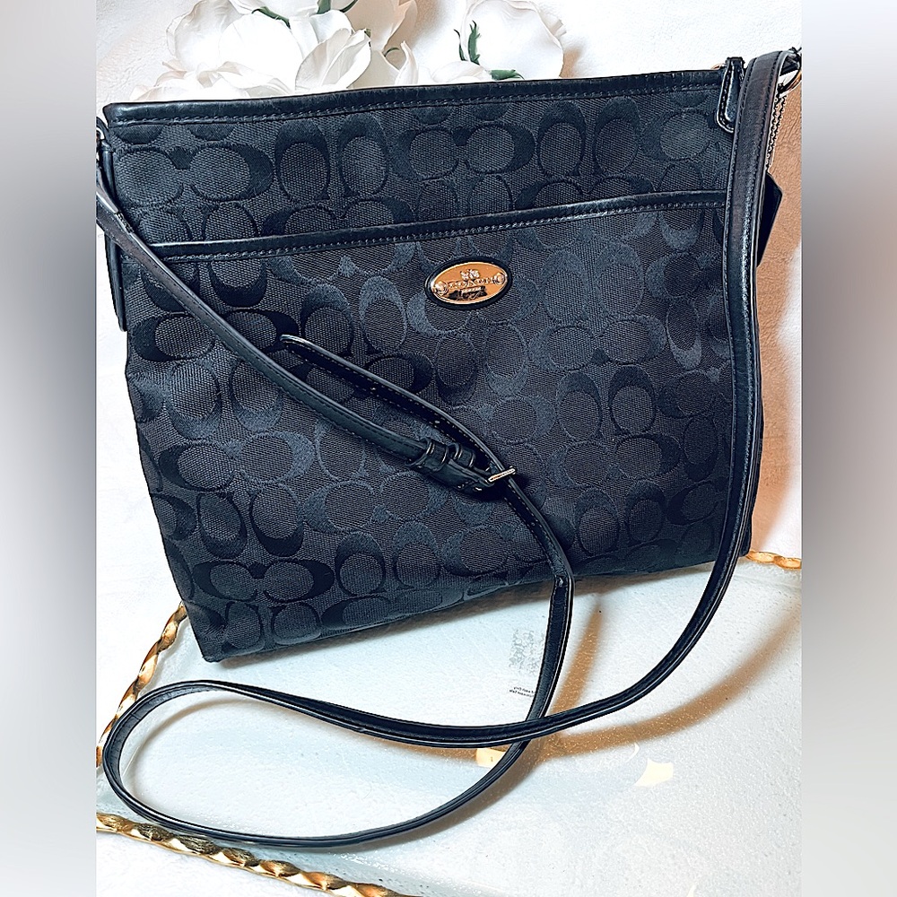 NEW Coach Black Signature Canvas and Leather File Crossbody Handbag
